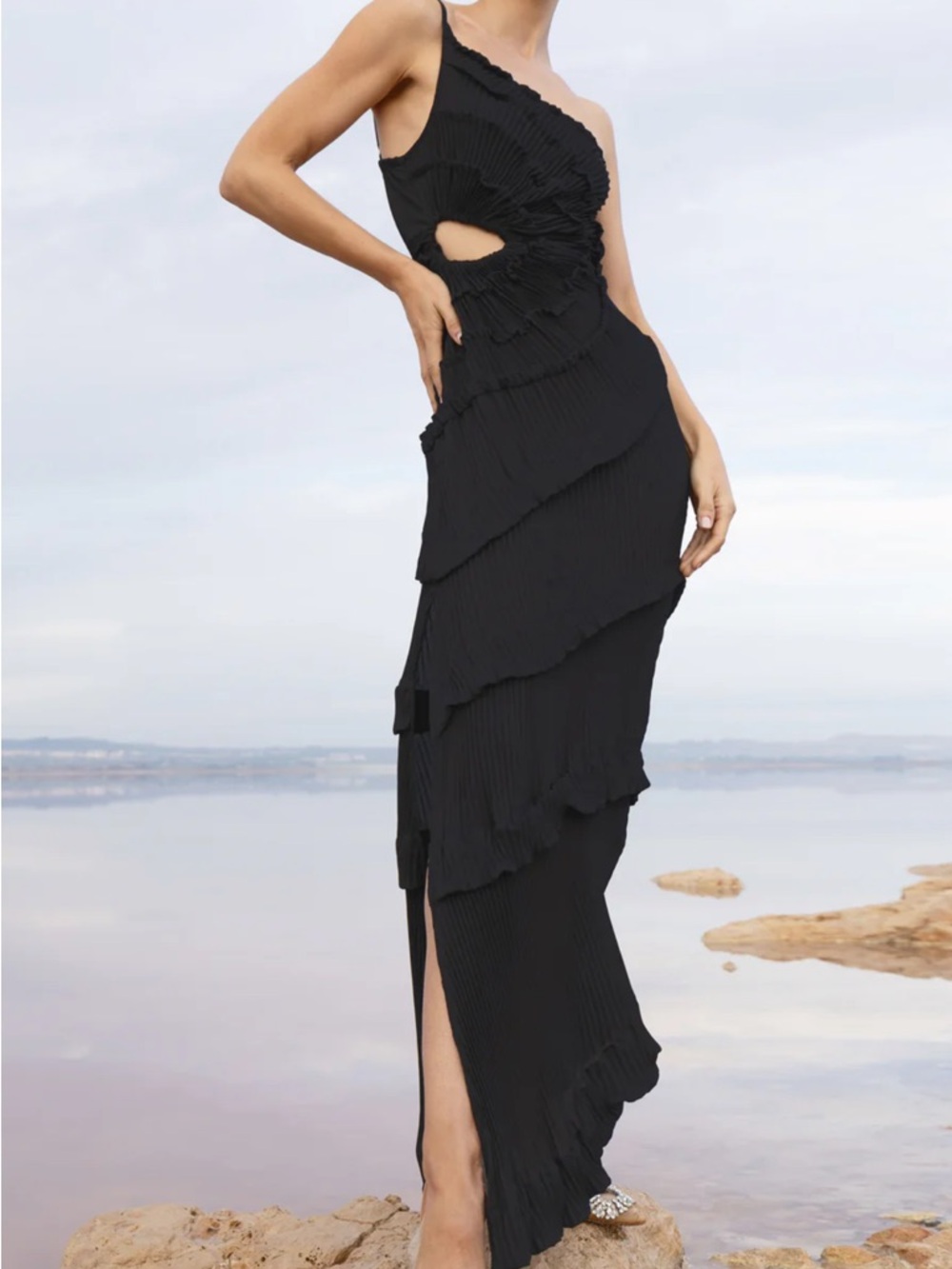 Elegant Black One-Shoulder Ruched Cutout Maxi Dress